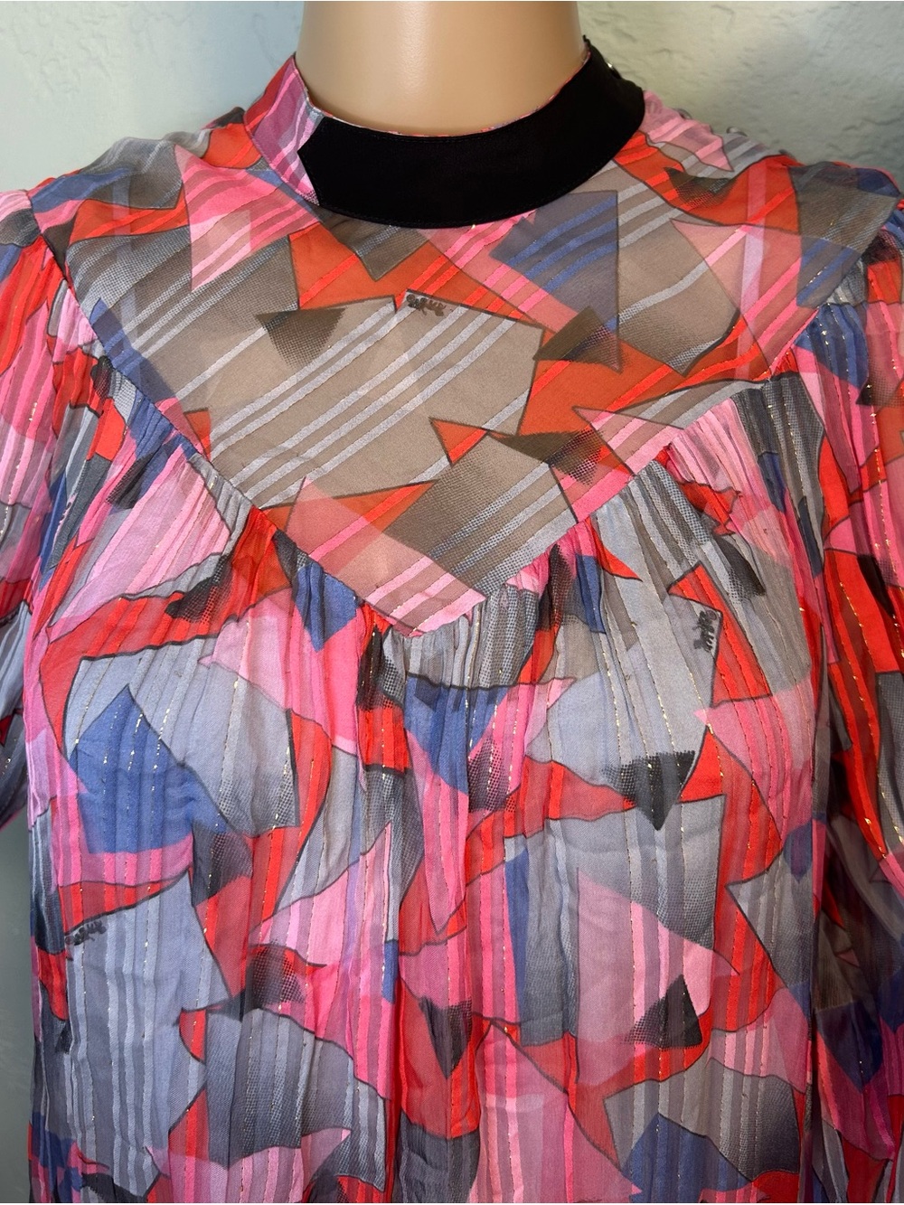 Coach Multicolor Geometric Pleated Blouse — Pink, Red, Blue